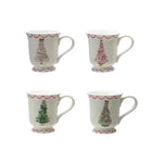 Set of 4 stoneware mugs with pink trim and illustrated Christmas trees in various styles