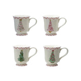 Set of 4 stoneware mugs with pink trim and illustrated Christmas trees in various styles