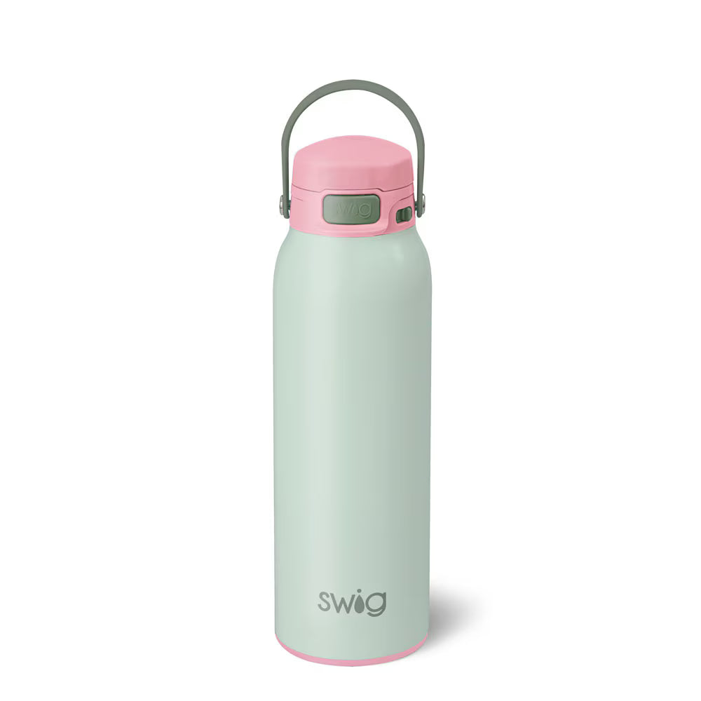 32oz insulated water bottle in sage green with pink EZ Fill lid, straw, and flex handle