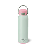 32oz insulated water bottle in sage green with pink EZ Fill lid, straw, and flex handle