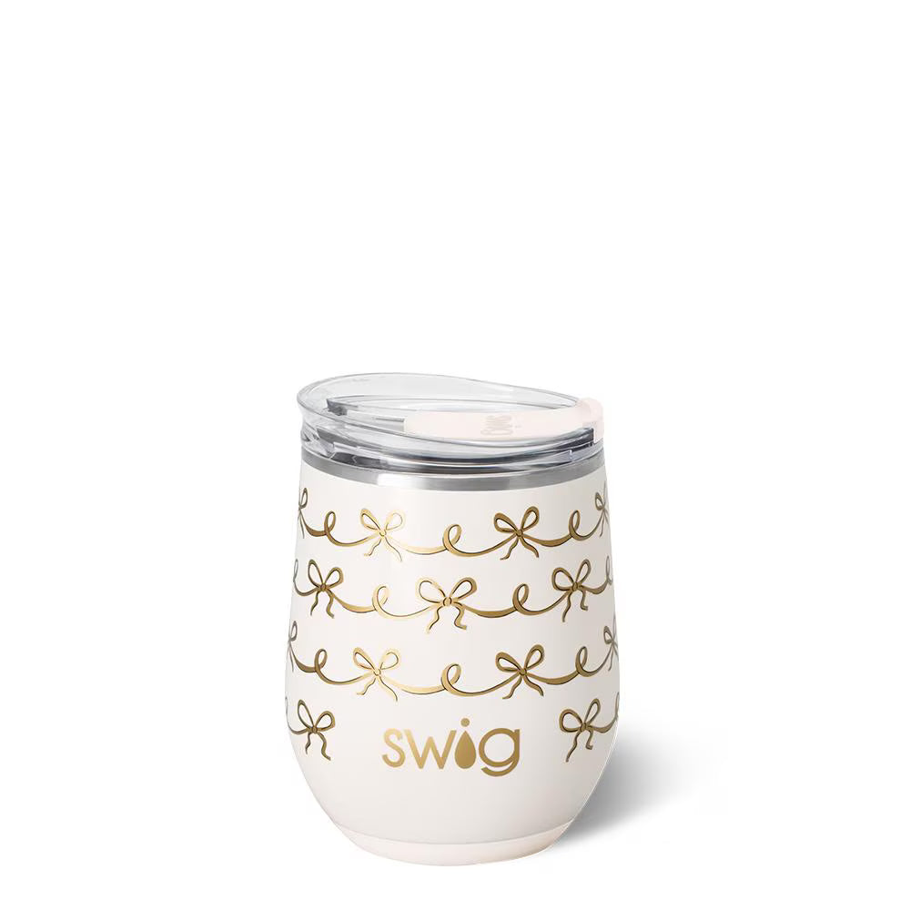 Ivory stemless wine cup with gold bow pattern, 12oz insulated Swig Life tumbler