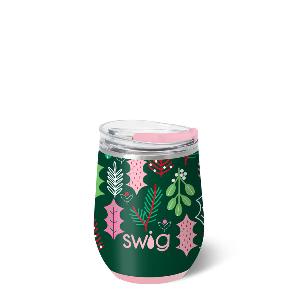 Stemless wine cup with green glitter background and pink, red, and green mistletoe design, Swig logo, and clear lid with pink slider