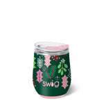 Stemless wine cup with green glitter background and pink, red, and green mistletoe design, Swig logo, and clear lid with pink slider