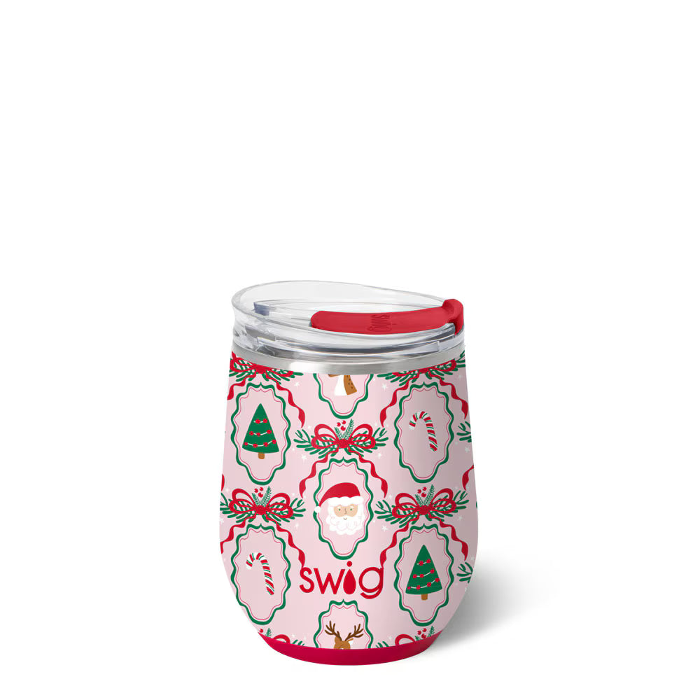 Pink glitter holiday wine cup with Christmas icons and red silicone base