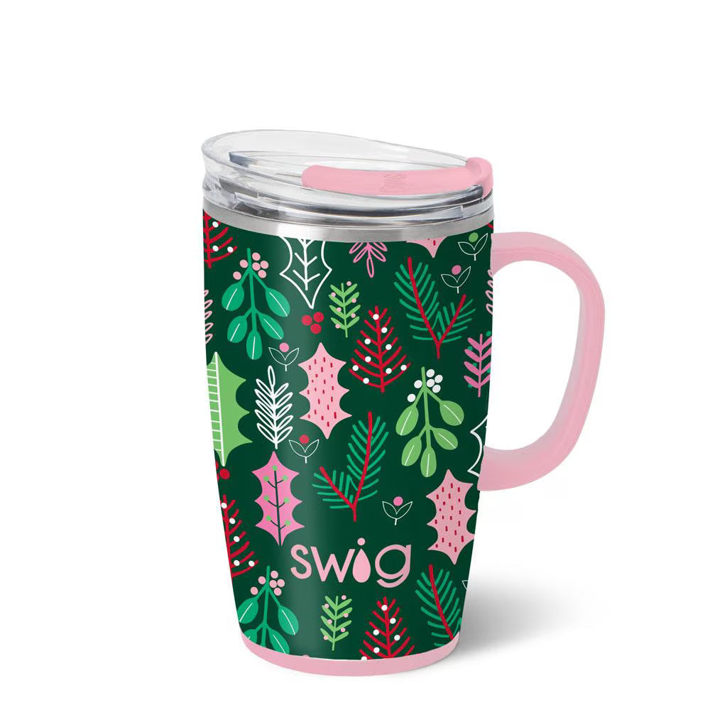 Green glitter travel mug with pink, green, and red holly and mistletoe design, pink handle, and Swig logo