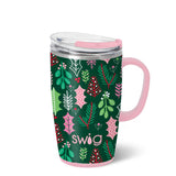 Green glitter travel mug with pink, green, and red holly and mistletoe design, pink handle, and Swig logo
