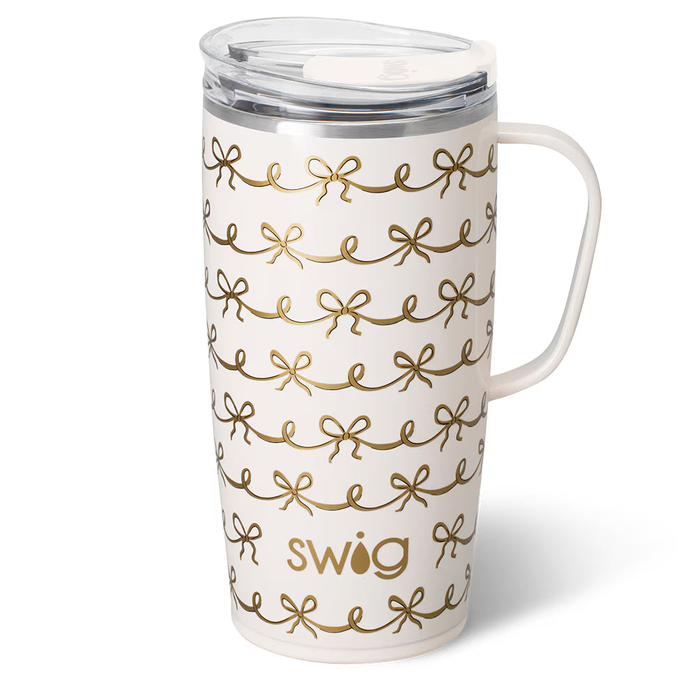 Glitter ivory travel mug with gold bow pattern and slim metal handle, 22oz insulated Swig Life mug
