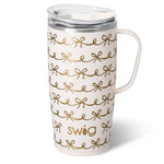 Glitter ivory travel mug with gold bow pattern and slim metal handle, 22oz insulated Swig Life mug