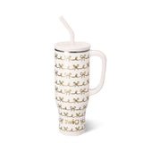 Glitter ivory 30oz mega mug with gold bow design, comfort-grip handle, and straw lid by Swig Life