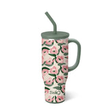 Glitter ivory insulated 30oz mega mug with blush pink and olive floral design and handle