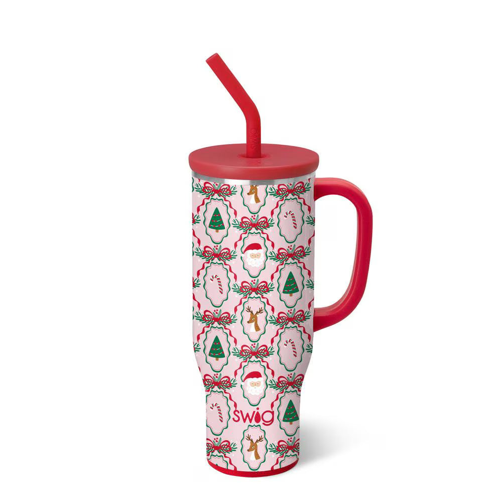 Pink glitter holiday mega mug with Christmas icons, handle, and straw lid