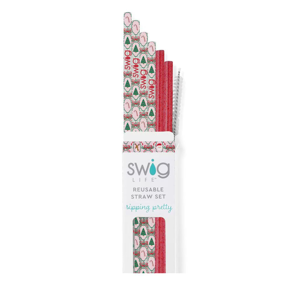 Holiday reusable straw set with Christmas cameo print and red glitter straws, packaged with cleaning brush