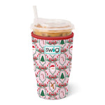 Large neoprene iced drink sleeve with pink background, Christmas icons, and red trim, holding an oversized iced drink