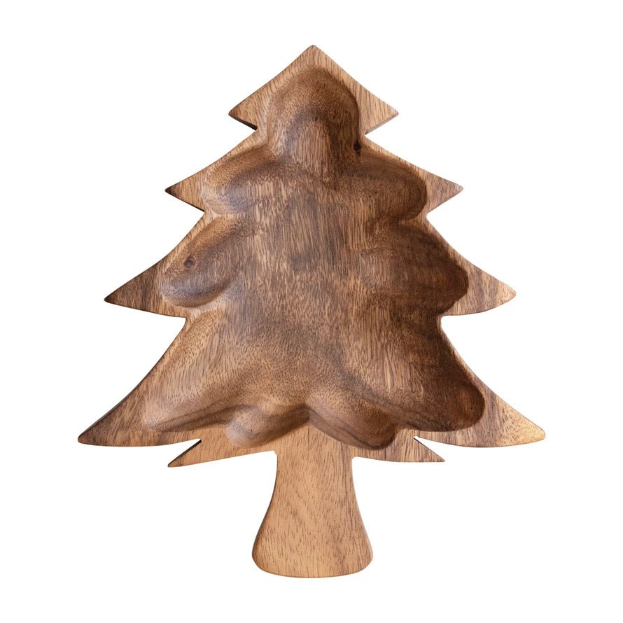 Christmas tree-shaped bowl carved from warm acacia wood with natural grain