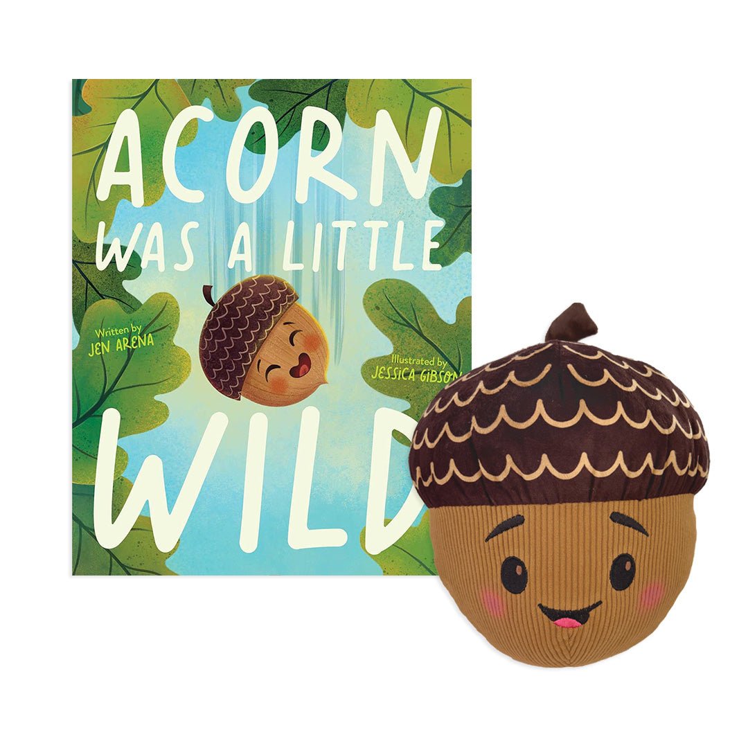 Acorn Was a Little Wild children’s book with matching 8.5-inch plush acorn toy featuring corduroy body and embroidered face.