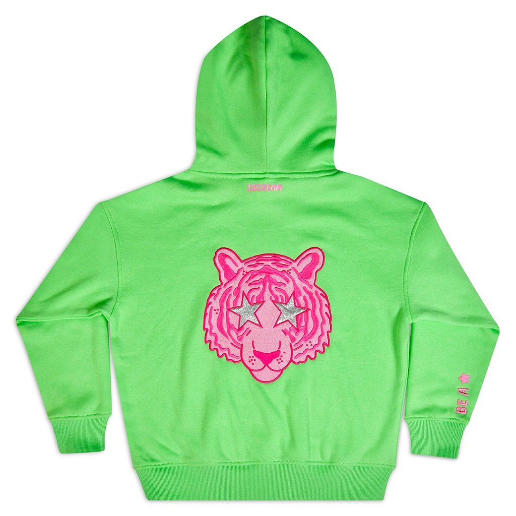 Bright green girls hoodie with glitter pink tiger and silver star eyes on the back