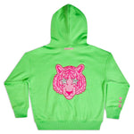 Bright green girls hoodie with glitter pink tiger and silver star eyes on the back