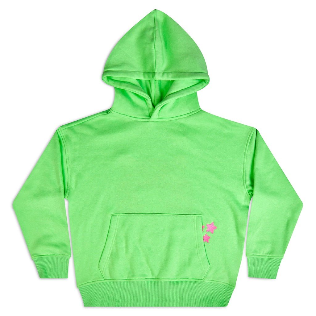 Bright green girls hoodie with glitter pink tiger and silver star eyes on the back
