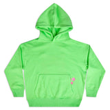 Bright green girls hoodie with glitter pink tiger and silver star eyes on the back