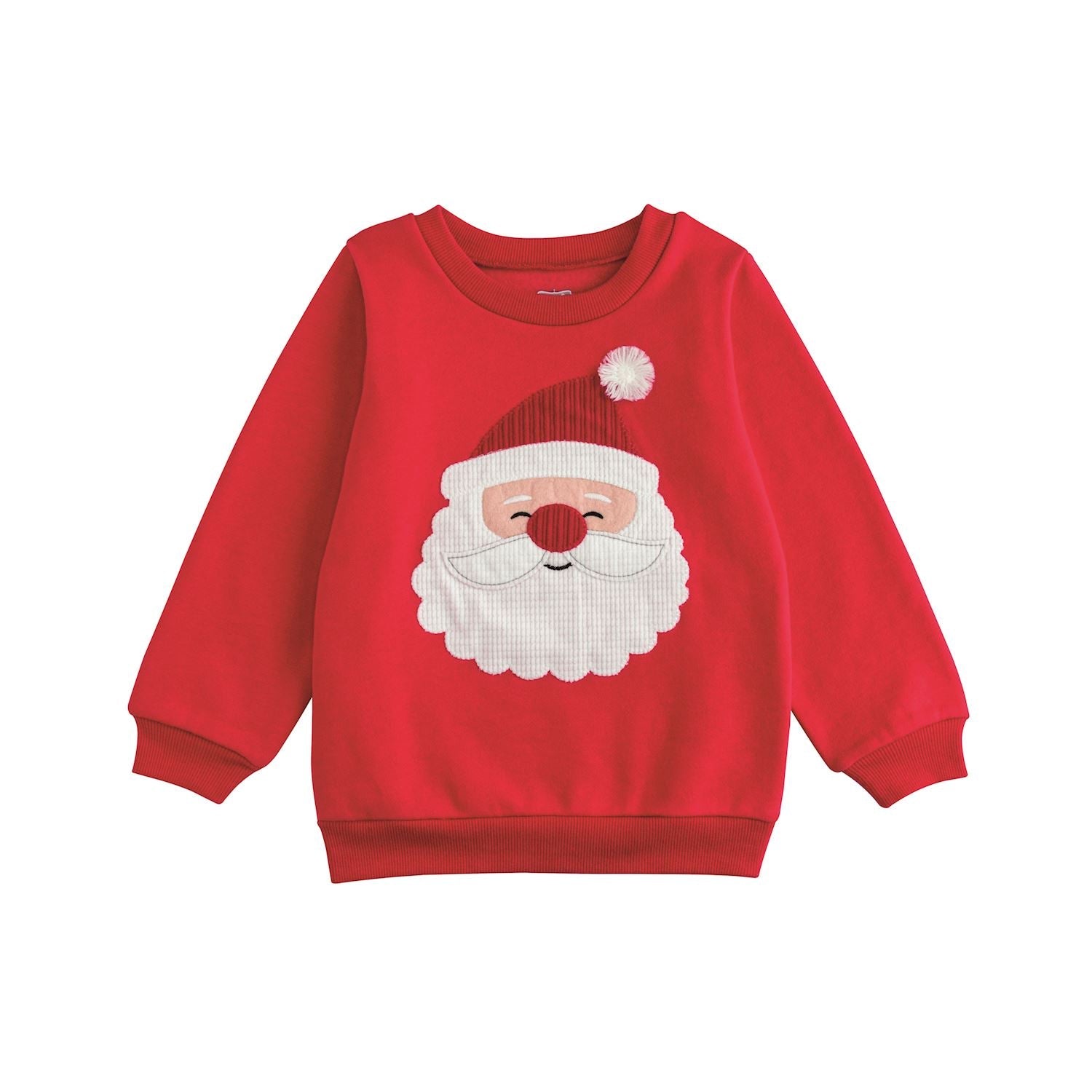 toddler Red sweater with a Santa Claus face design on a white background
