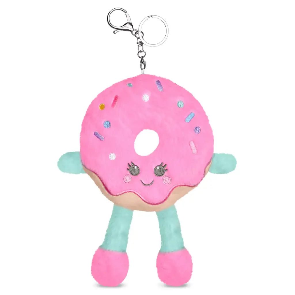 Pink frosted plush donut bag buddy with embroidered smiley face and colorful sprinkles