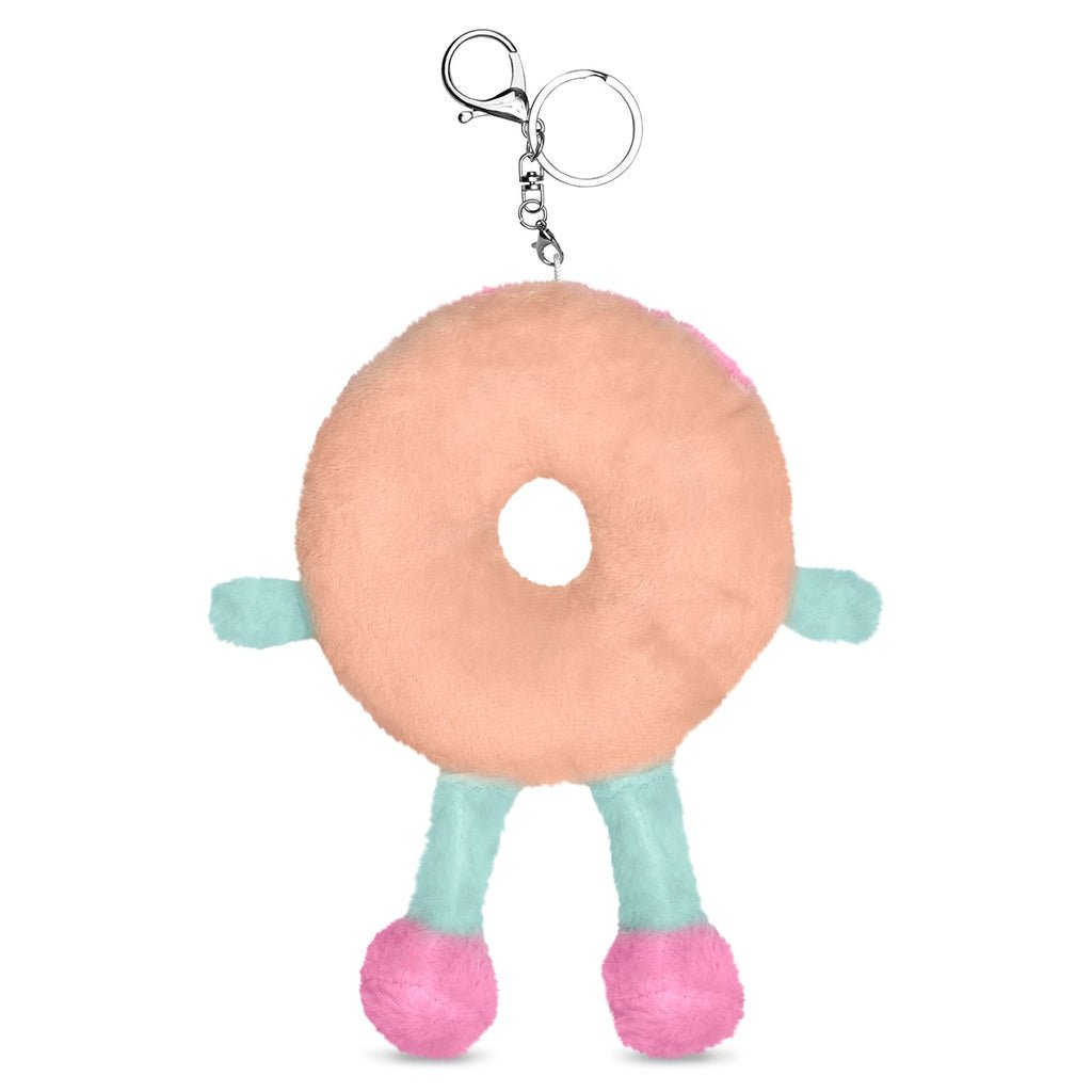 Pink frosted plush donut bag buddy with embroidered smiley face and colorful sprinkles