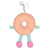 Pink frosted plush donut bag buddy with embroidered smiley face and colorful sprinkles