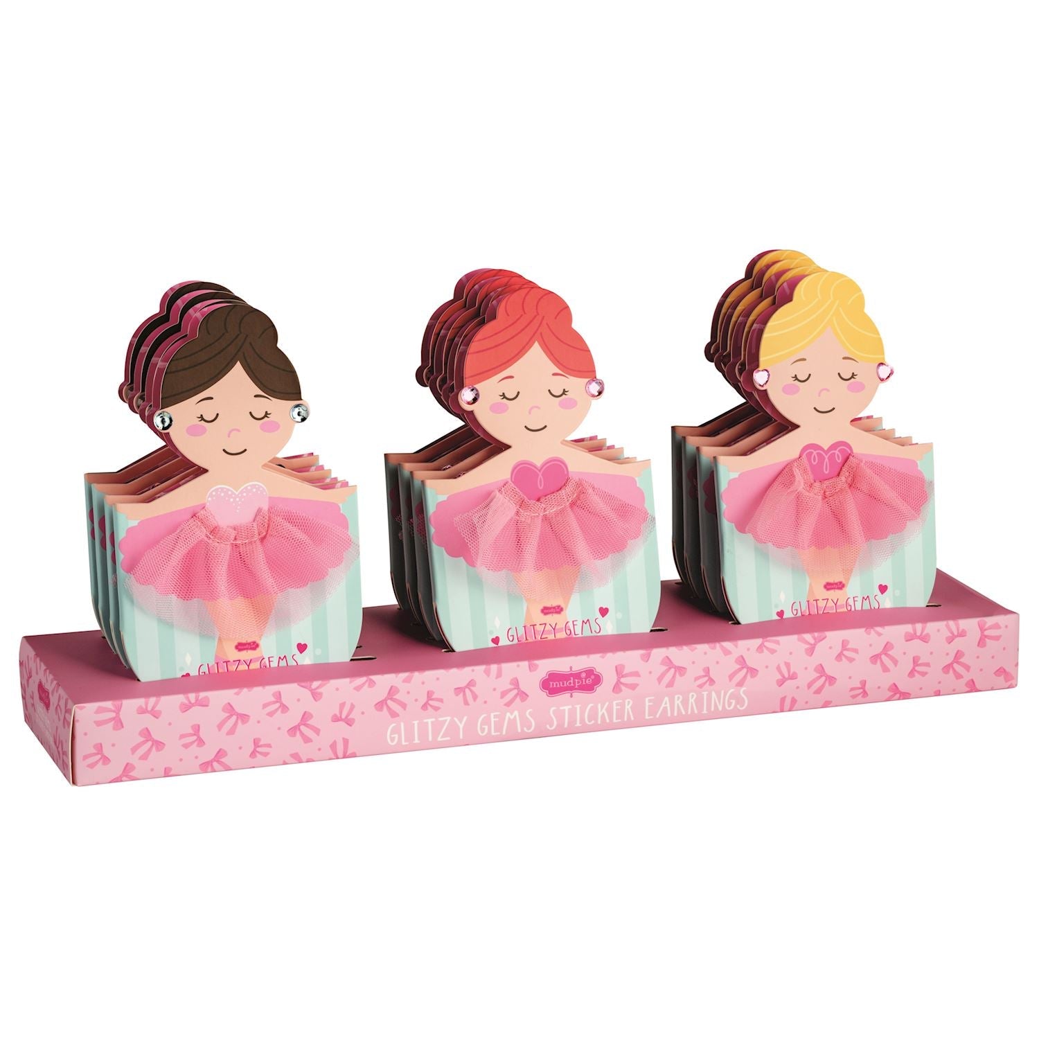Three ballerina-themed Glitzy Gems sticker earring sets with tulle skirts and vinyl mirror display cards