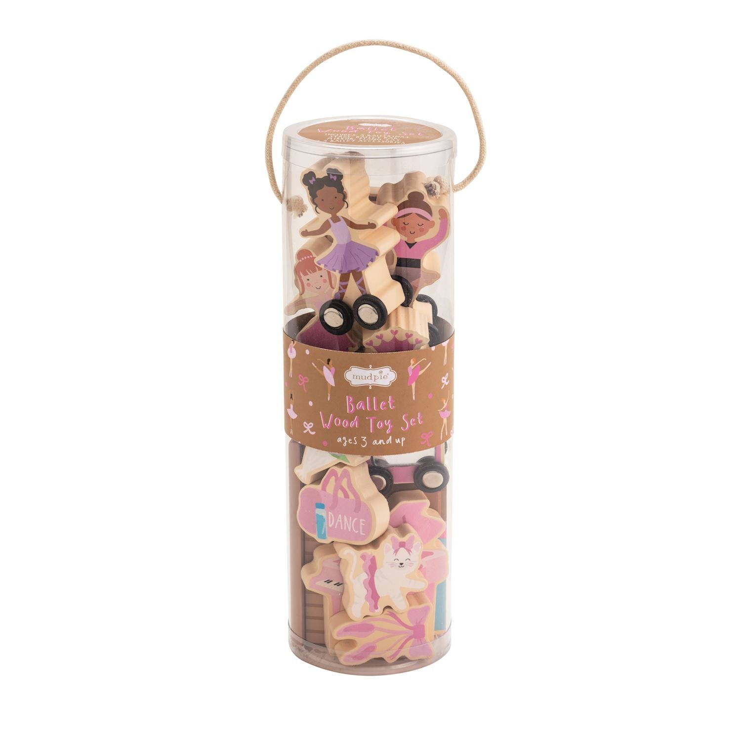 ballet-themed wooden toy set for kids in clear carry tube