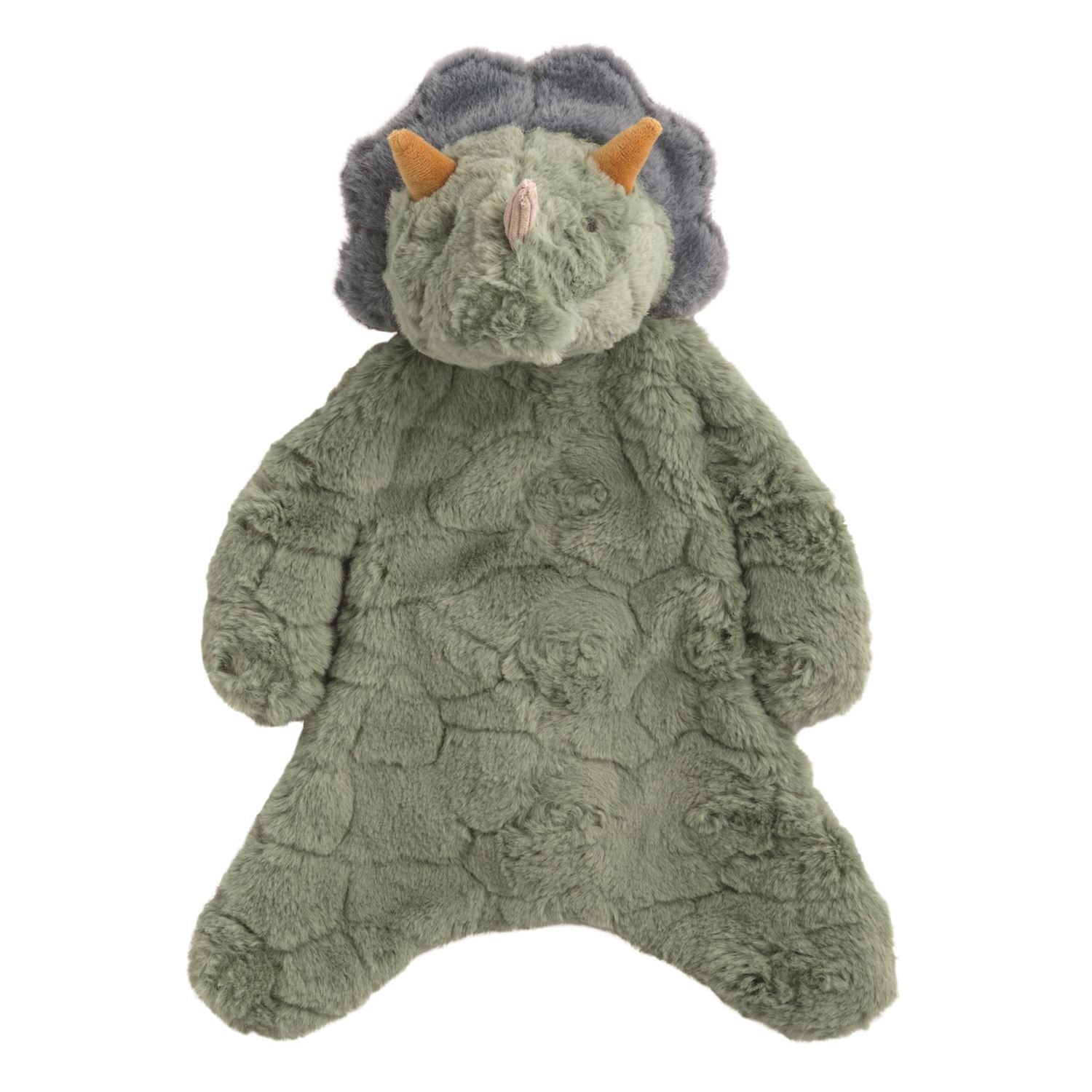 Bernard the Dino triceratops plush woobie with green faux fur and soft weighted body
