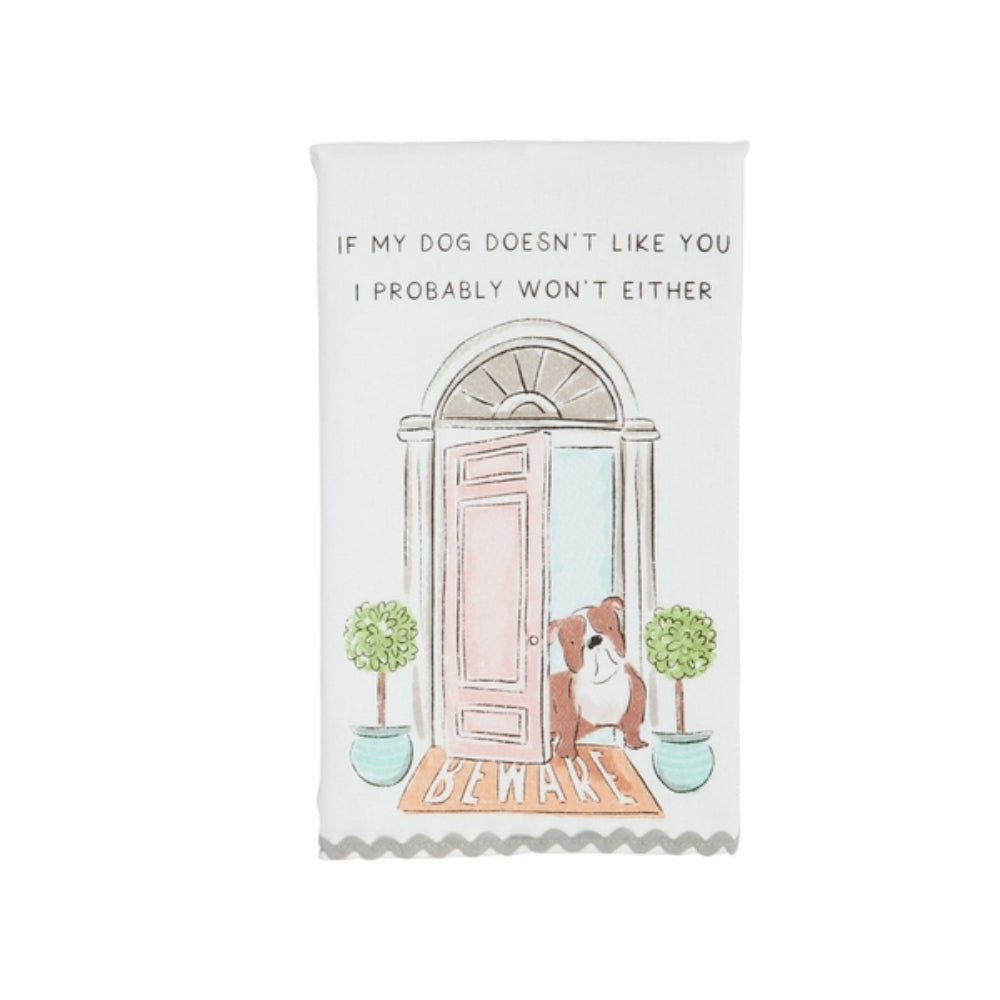 Tea towel with a dog illustration and humorous text on a white background
