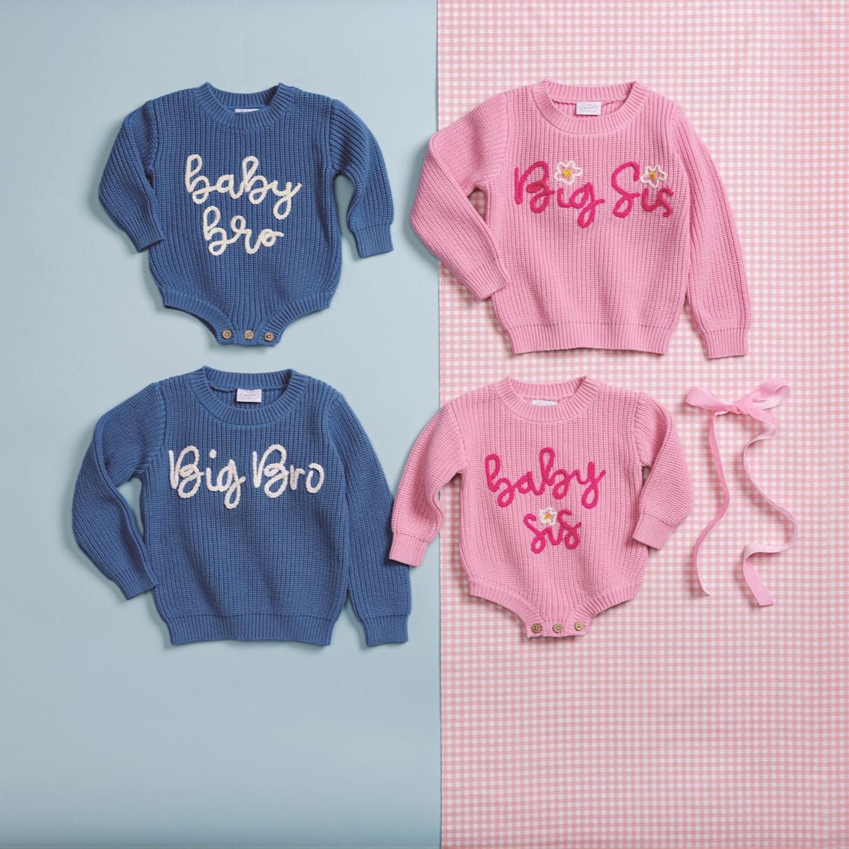 Set of matching pink and blue sibling sweaters and sweater bubbles labeled Baby Bro, Big Bro, Baby Sis, and Big Sis