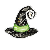 Die-cut placemat shaped like a black witch hat with green band and gold stars