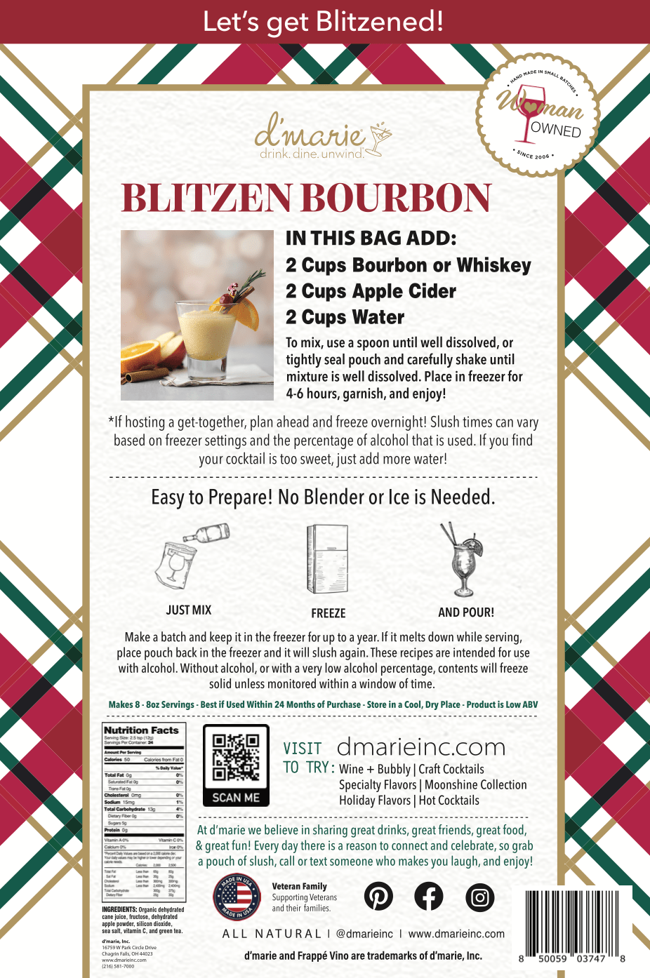 Blitzen Bourbon holiday slush mix pouch with cocktail glass by fireplace.