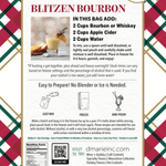 Blitzen Bourbon holiday slush mix pouch with cocktail glass by fireplace.