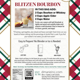 Blitzen Bourbon holiday slush mix pouch with cocktail glass by fireplace.