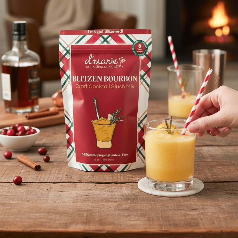 Blitzen Bourbon holiday slush mix pouch with cocktail glass by fireplace.