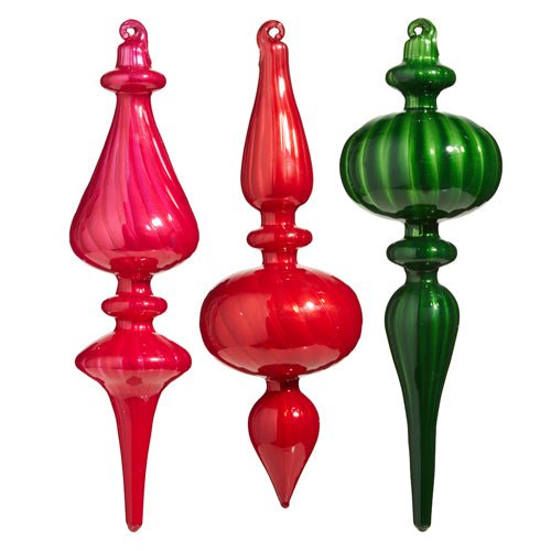 Set of three multicolor blown glass finial ornaments in assorted styles, each measuring about 9.75 inches tall.