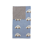 Blue and cream cotton knit baby blanket with car design
