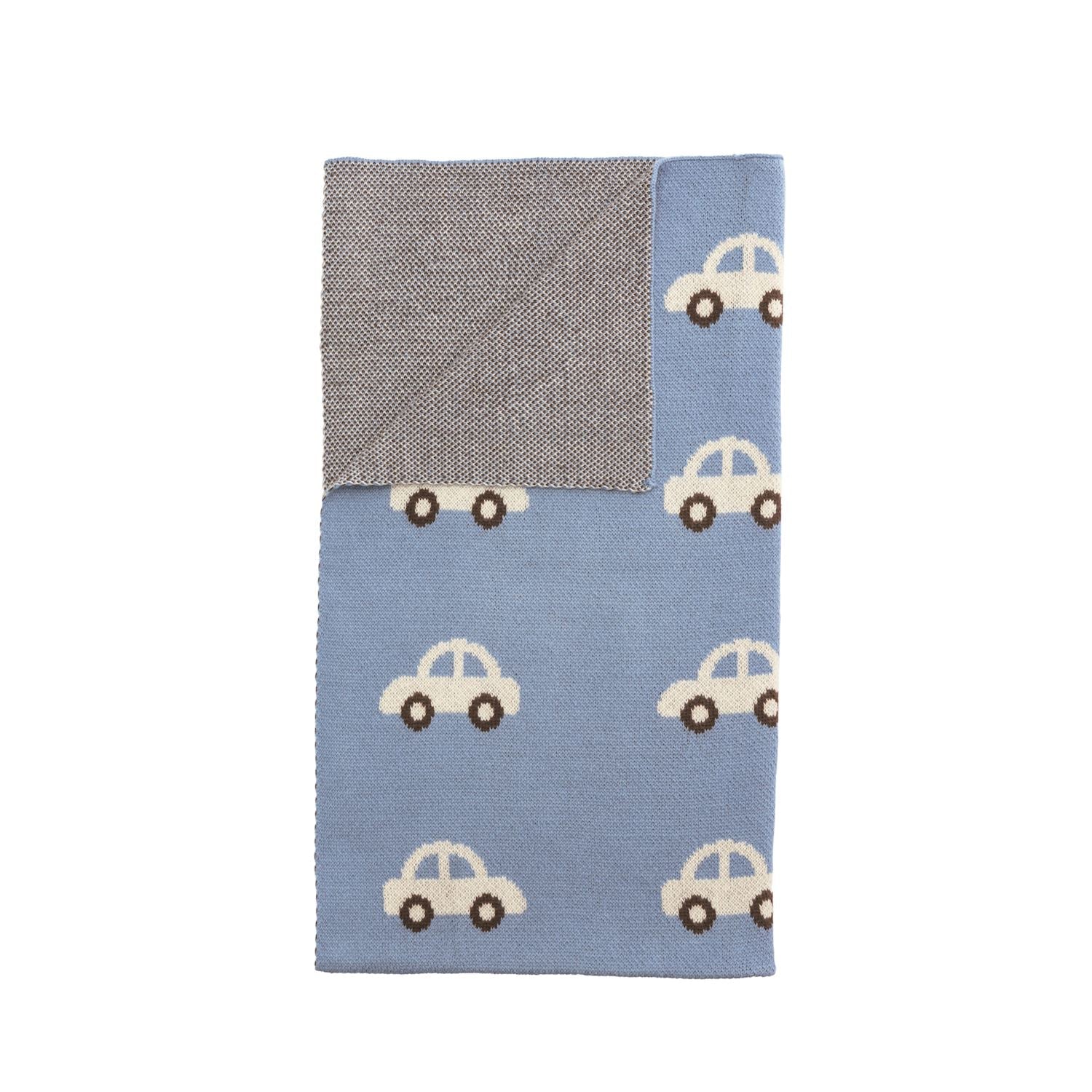 Blue and cream cotton knit baby blanket with car design