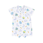 Blue Easter Bunnies Polo Shortie romper with polo collar, bunny print, and snap closures for easy dressing.