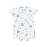 Blue Easter Bunnies Polo Shortie romper with polo collar, bunny print, and snap closures for easy dressing.