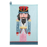 Cotton hand towel featuring blue background and nutcracker design with hanging loop
