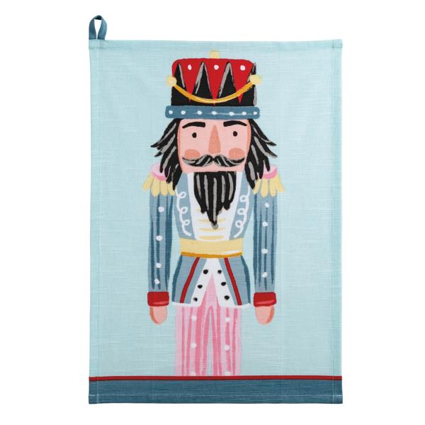 Cotton hand towel featuring blue background and nutcracker design with hanging loop