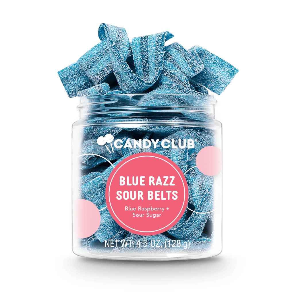 Jar of blue candy labeled 'Candy Club Blue Razz Sour Belts' on a white background