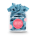 Jar of blue candy labeled 'Candy Club Blue Razz Sour Belts' on a white background