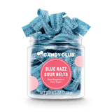 Jar of blue candy labeled 'Candy Club Blue Razz Sour Belts' on a white background