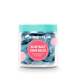 Jar of Candy Club Blue Razz Sour Belts on a white background