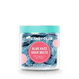 Jar of Candy Club Blue Razz Sour Belts on a white background