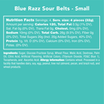 Nutrition facts and ingredients list for Blue Razz Sour Belts on a teal background